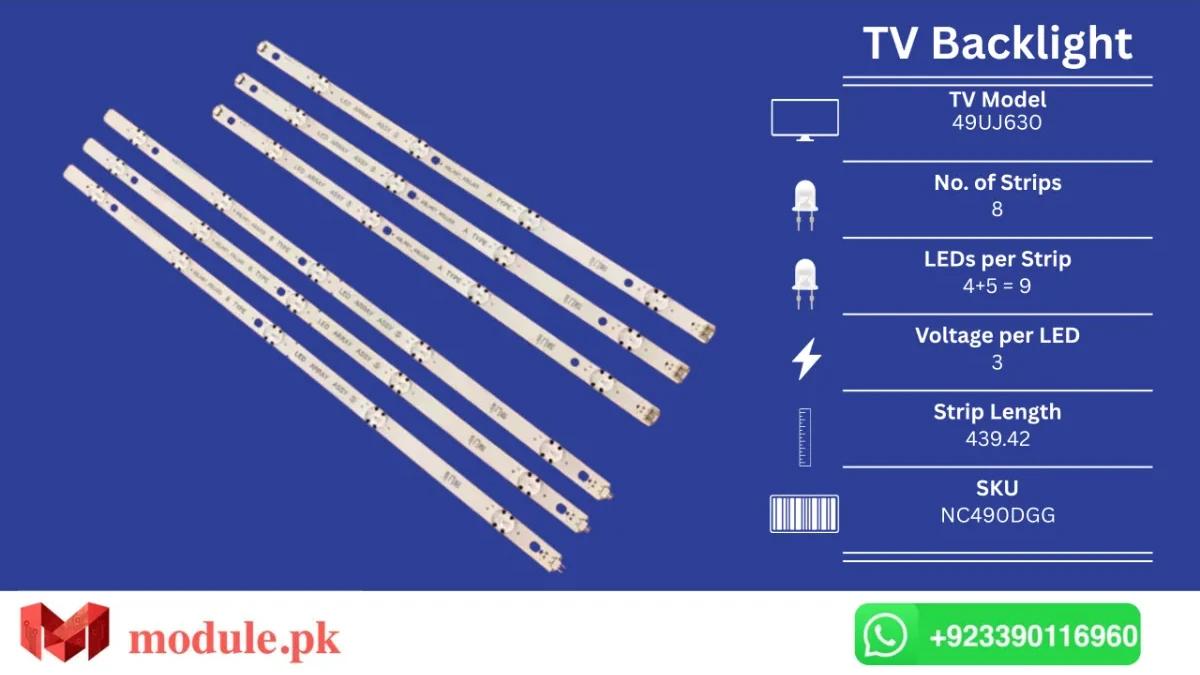 LED Backlight Strip LG 49" - 3V - 439mm - 49UJ630, 49LJ614V, 49UJ634V, 49UJ701V, 49UJ651V, 49UJ670, 49UJ670Y, 49LJ61, 49LH61, 49UJ65, 49UH620V, 49UH651V, 49UH603V