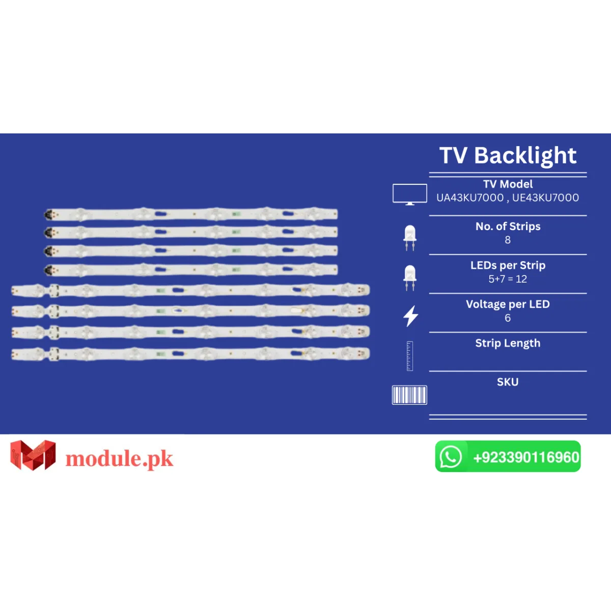LED Backlight Strip Samsung 43" - 6V - UA43KU7000, UE43KU7000, UE43MU7000, UE43MU6100, UA43KU6000, UA43MU6100, UE43KU6000, UE43MU6105