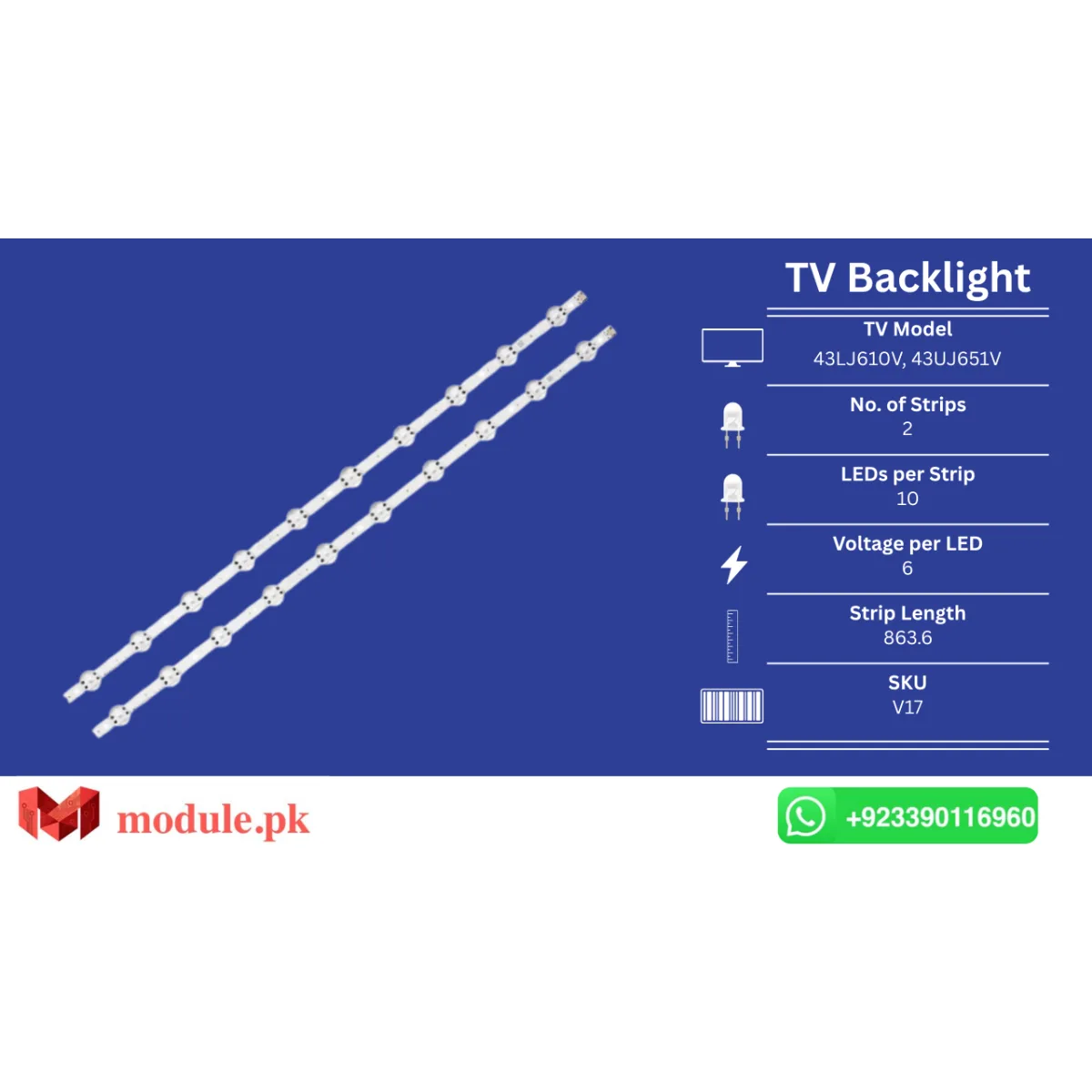 LED Backlight Strip LG 43" - 6V - 864mm - 43LJ610V, 43UJ651V, 43UJ6510, 43LJ622V, 43UJ675V, 43UJ655V, 43UJ670V, 43LV340C, 43uj6525, 43uj6565, 43LJ614T, 43LJ6140, 43LJ6400, 43LJ6420, 43UJ654T