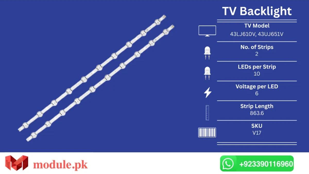 LED Backlight Strip LG 43" - 6V - 864mm - 43LJ610V, 43UJ651V, 43UJ6510, 43LJ622V, 43UJ675V, 43UJ655V, 43UJ670V, 43LV340C, 43uj6525, 43uj6565, 43LJ614T, 43LJ6140, 43LJ6400, 43LJ6420, 43UJ654T