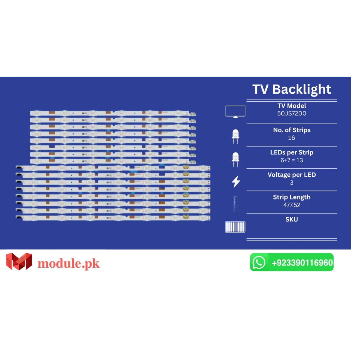 LED Backlight Strip Samsung 50" - 3V - UA50JS7200, UE50JU6800, UE50JU6850, UE50JU6800K, UE50JU6870, UN50JS7200, UE50JS7200, UE50JU6872