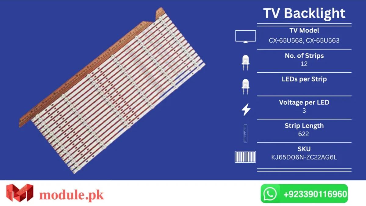 LED Backlight Strip Ecostar 65" - 3V - 622mm - CX-65U568, CX-65U563, JVC LT-65N885