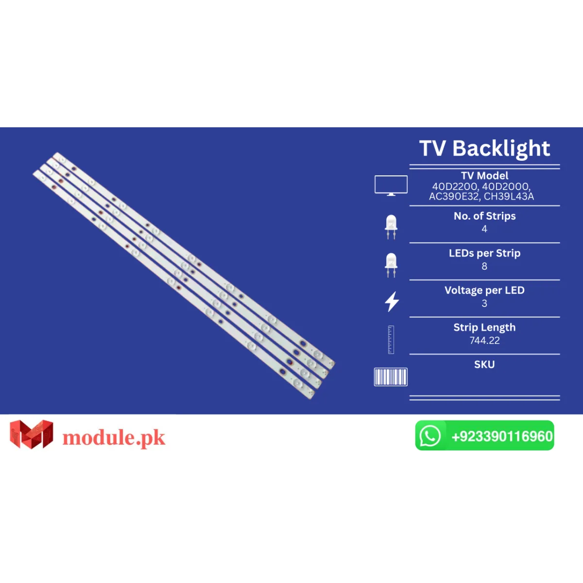 LED Backlight Strip Changhong 40" - 3V - 744mm - 40D2200, 40D2000, AC390E32, CH39L43A, LE39A309, Hitachi LB-C390X14-E3-A-G1-RF1