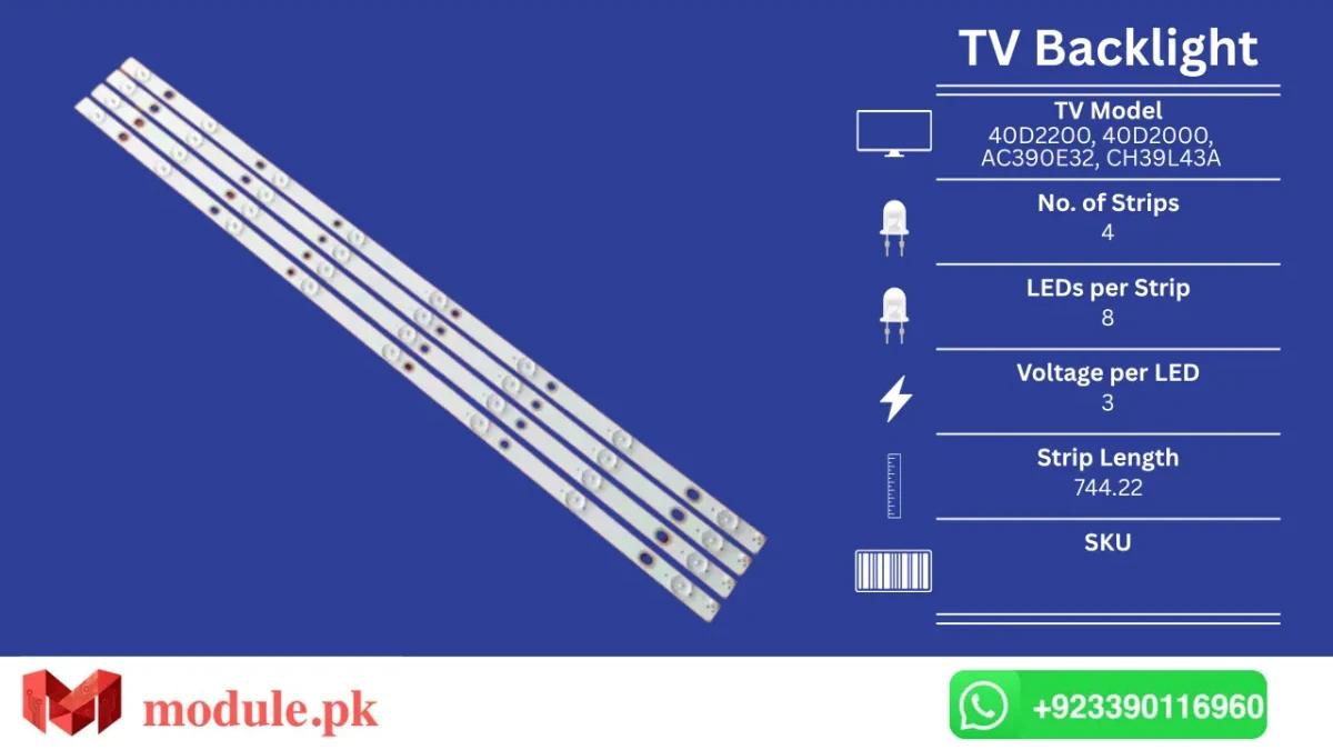 LED Backlight Strip Changhong 40" - 3V - 744mm - 40D2200, 40D2000, AC390E32, CH39L43A, LE39A309, Hitachi LB-C390X14-E3-A-G1-RF1
