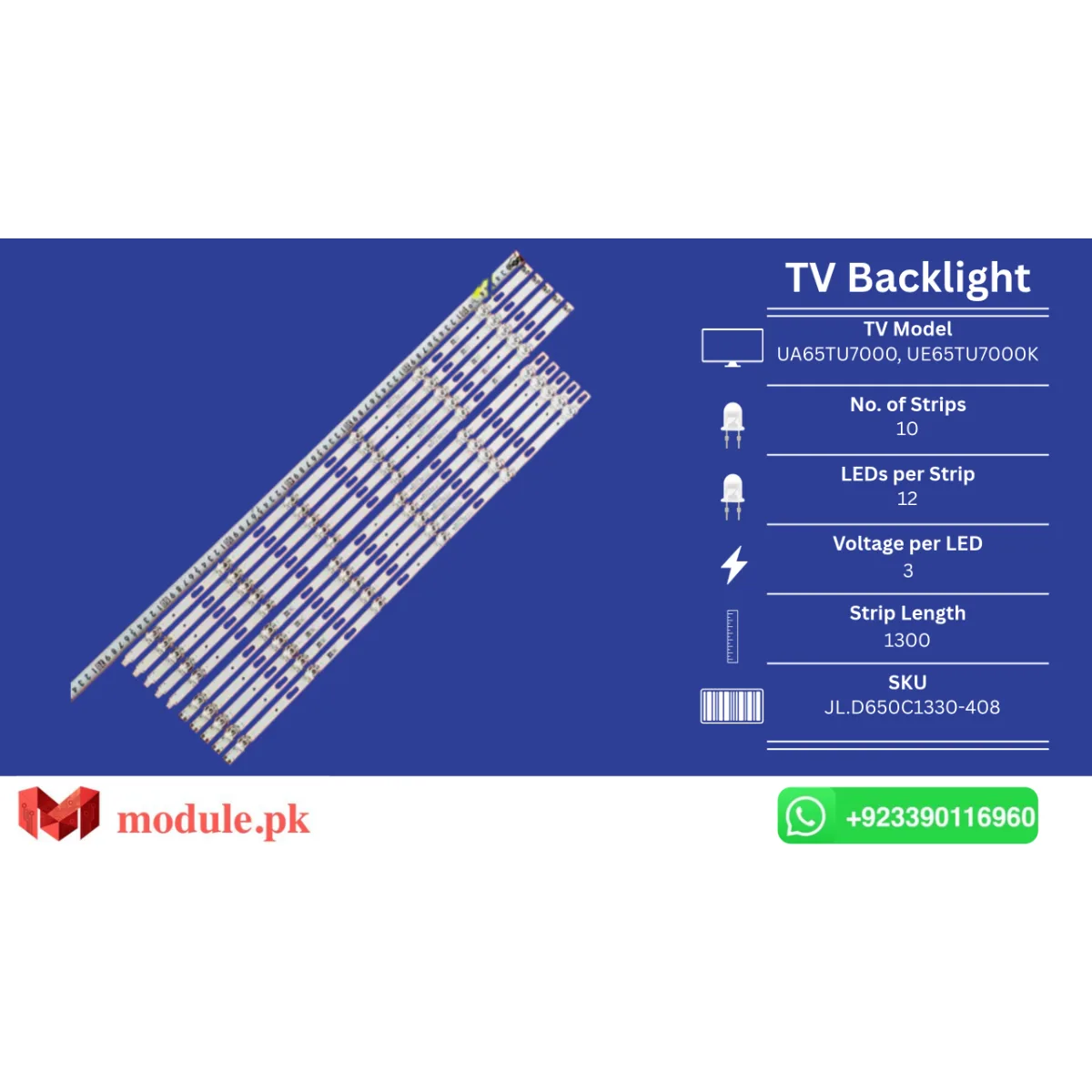 LED Backlight Strip Samsung 65" - 3V - 1300mm - UA65TU7000, UE65TU7000K, UE65TU7020K, UE65TU7100K, UE65AU7100, UE65TU8000K, BN96-50313A