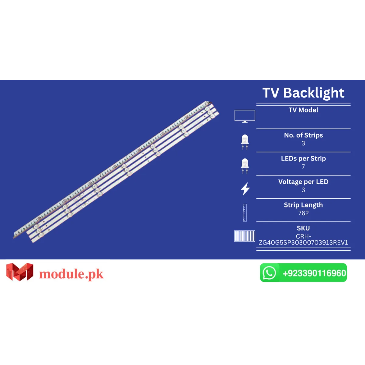 LED Backlight Strip Changhong 40" - 3V - 762mm - L40H7N, F40G7000C, SA40S67A9, PTV40G60