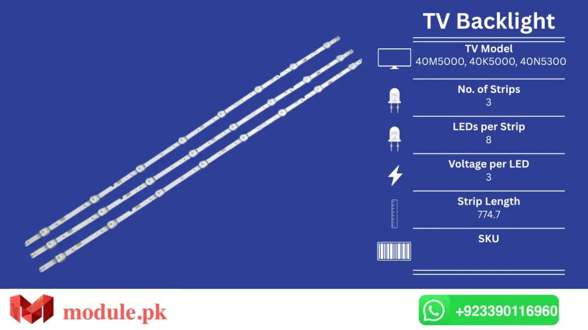 LED Backlight Strip Samsung 40" - 3V - 775mm - UA40M5000, UA40K5000, UE40M5002AH, UE40J5000AU, UE40J5070, UE40J5200, UN40J5300, UN40J5200AG, UE40J5202, UA40J5000AK, UE40N5300AK, UN40J5290, UA40M5100, UA40N5100, UA40M5050, UA40J5100, UA40KF21E, HG40ND470
