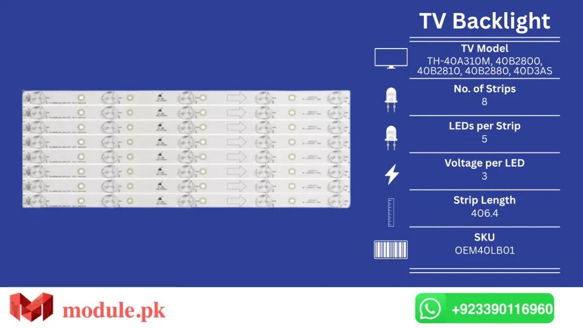 LED Backlight Strip TCL 40" - 3V - 407mm - PANASONIC TH-40A310M, 40B2800, 40B2810, 40B2880, 40D3AS