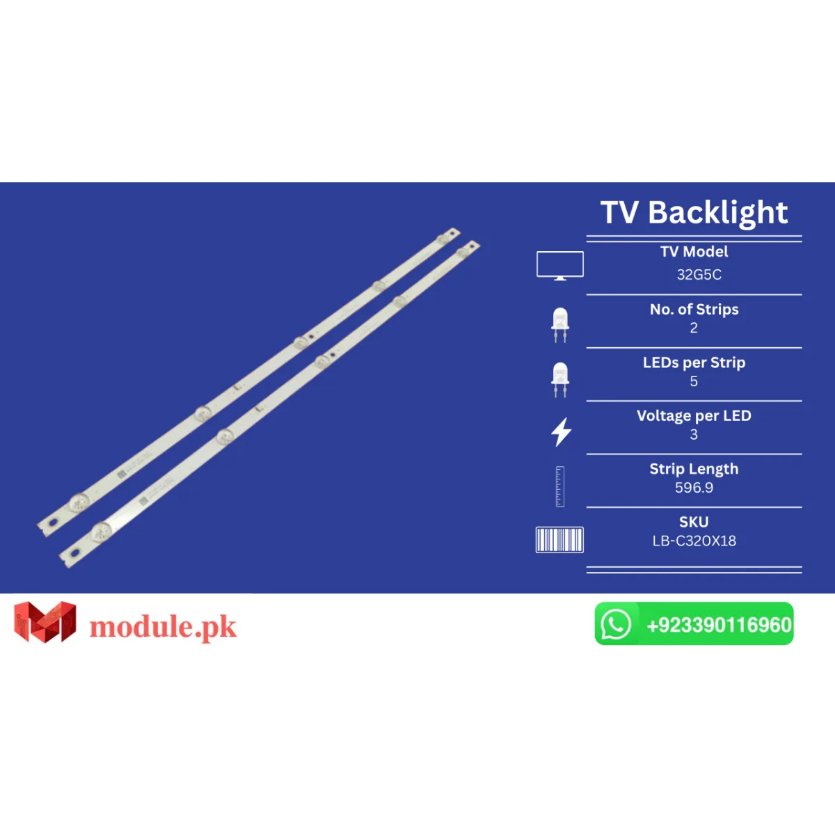 LED Backlight Strip Changhong 32" - 3V - 597mm - 32G5C, FUSION FLTV-32C110T, EX-32HS003B, H-LED32ES5001, Dexp H32D7200C, Supra STV-LC32LT0075W, Sanyo 32CE2215H2, LB-C320X18