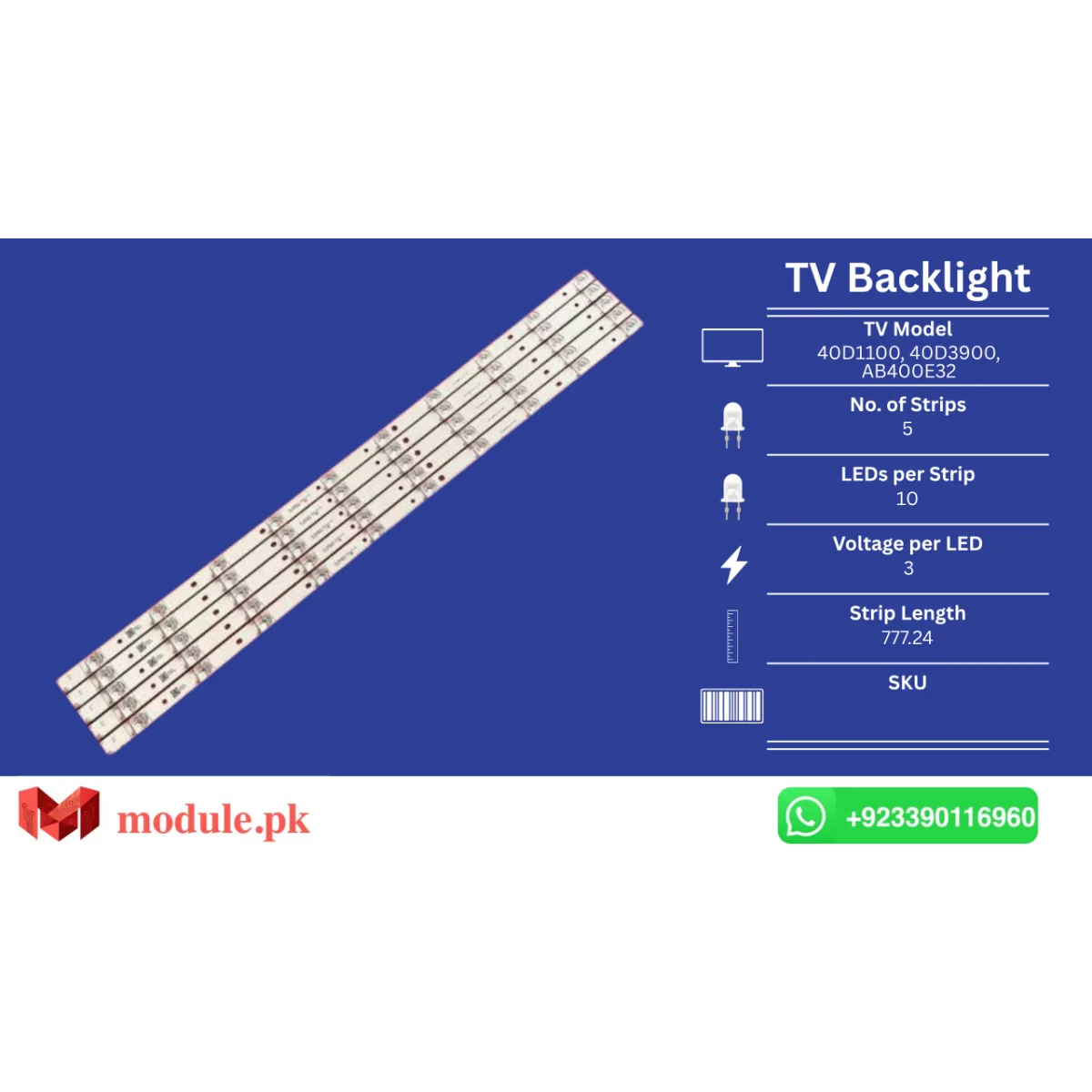 LED Backlight Strip Changhong 40" - 3V - 780mm - 40D1100, 40D3900, 40D1200, LED40C1000N, 40B2080, 40YD1100U, 40A7000, F40B7000C, B40A233T, TLE40D104B, LE39B7000TF, LE40S50, LE40S508, MTV-4030LT2, OLT-39212, LE40C10I, LED-40B960, RB-40D5FT2C, LE4039R