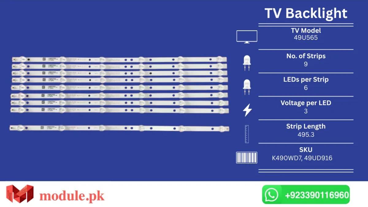 LED Backlight Strip Ecostar 49" - 3V - 495mm - 49U565, 49UD916, LE49K51S, 49PFF5455, 49PFF5250