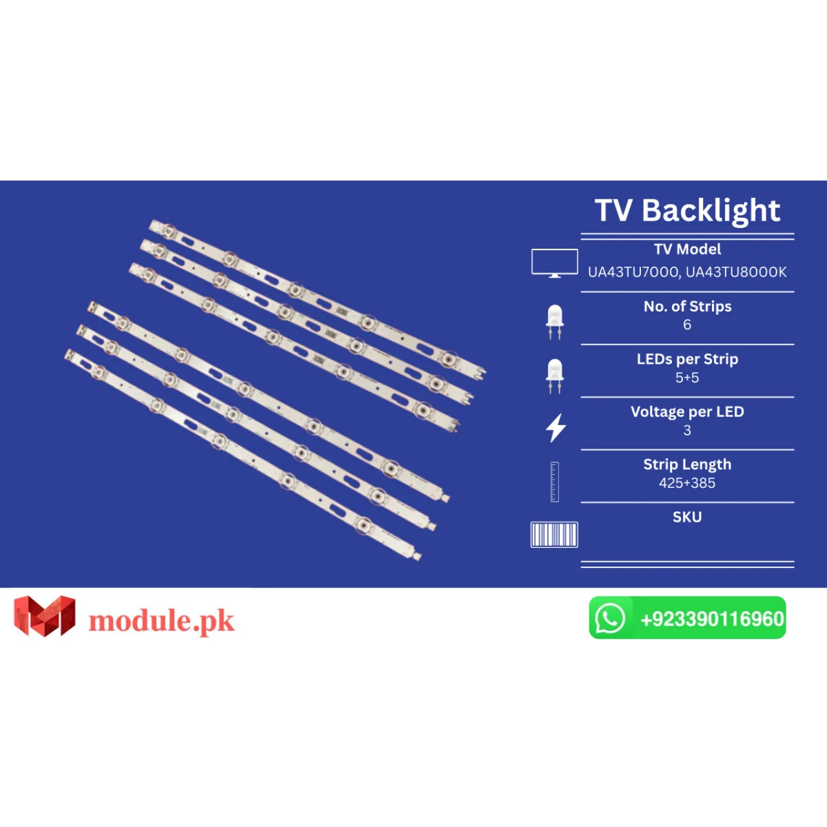 LED Backlight Strip Samsung 43" - 3V - 425+385mm - UA43TU7000, UA43TU8000K, UA43TU6900K, UA43TU7000K, UN43TU7020G, UN43AU7700G, UN43CU7700G, UE43TU7100, UN43TU7000G, UE43TU7000, UE43TU8000, UN43TU8000G