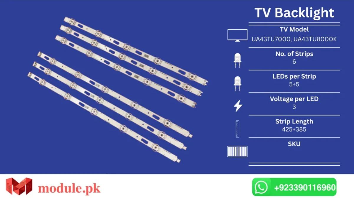 LED Backlight Strip Samsung 43" - 3V - 425+385mm - UA43TU7000, UA43TU8000K, UA43TU6900K, UA43TU7000K, UN43TU7020G, UN43AU7700G, UN43CU7700G, UE43TU7100, UN43TU7000G, UE43TU7000, UE43TU8000, UN43TU8000G