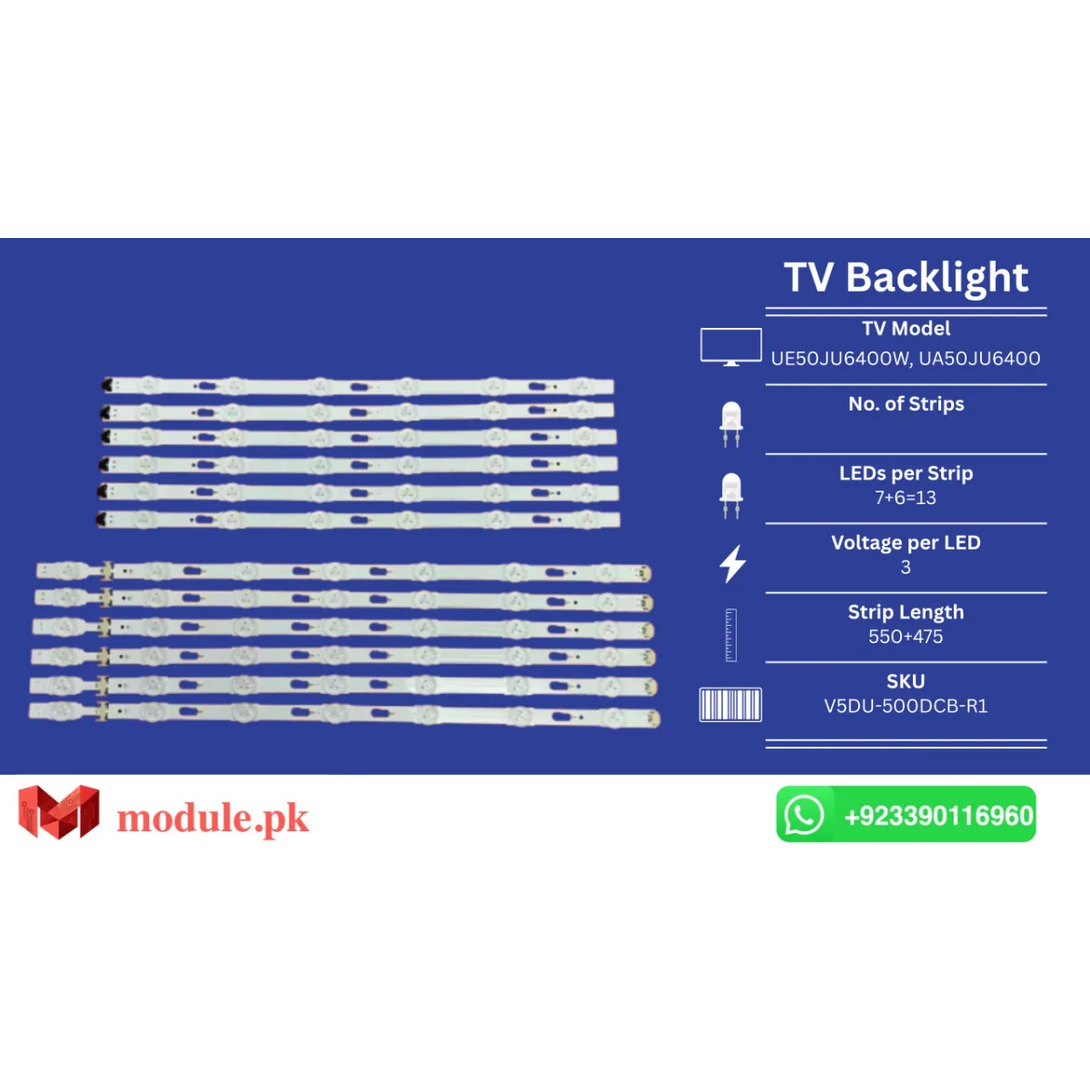 LED Backlight Strip Samsung 50" - 3V - 550+475mm - UE50JU6400W, UA50JU6400, UN50JU6500, UE50MU6500