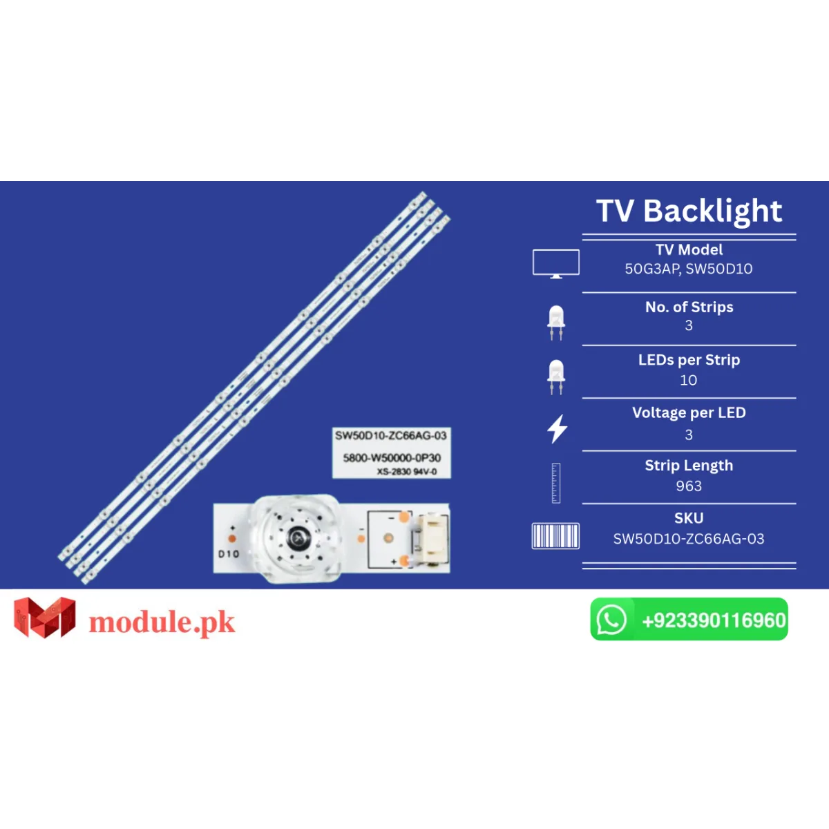 LED Backlight Strip Dawlance/Skyworth 50" - 3V - 963mm - 50G3AP, SW50D10, 50G51