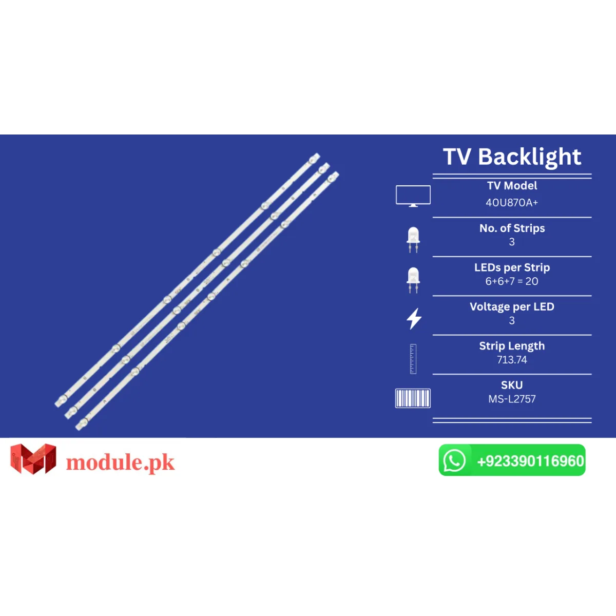 LED Backlight Strip Ecostar 40" - 3V - 714mm - 40U870A+, Skyworth 40E20, V400HJ9-PE1, ms-l2757, MS-L2815, MS-L2958