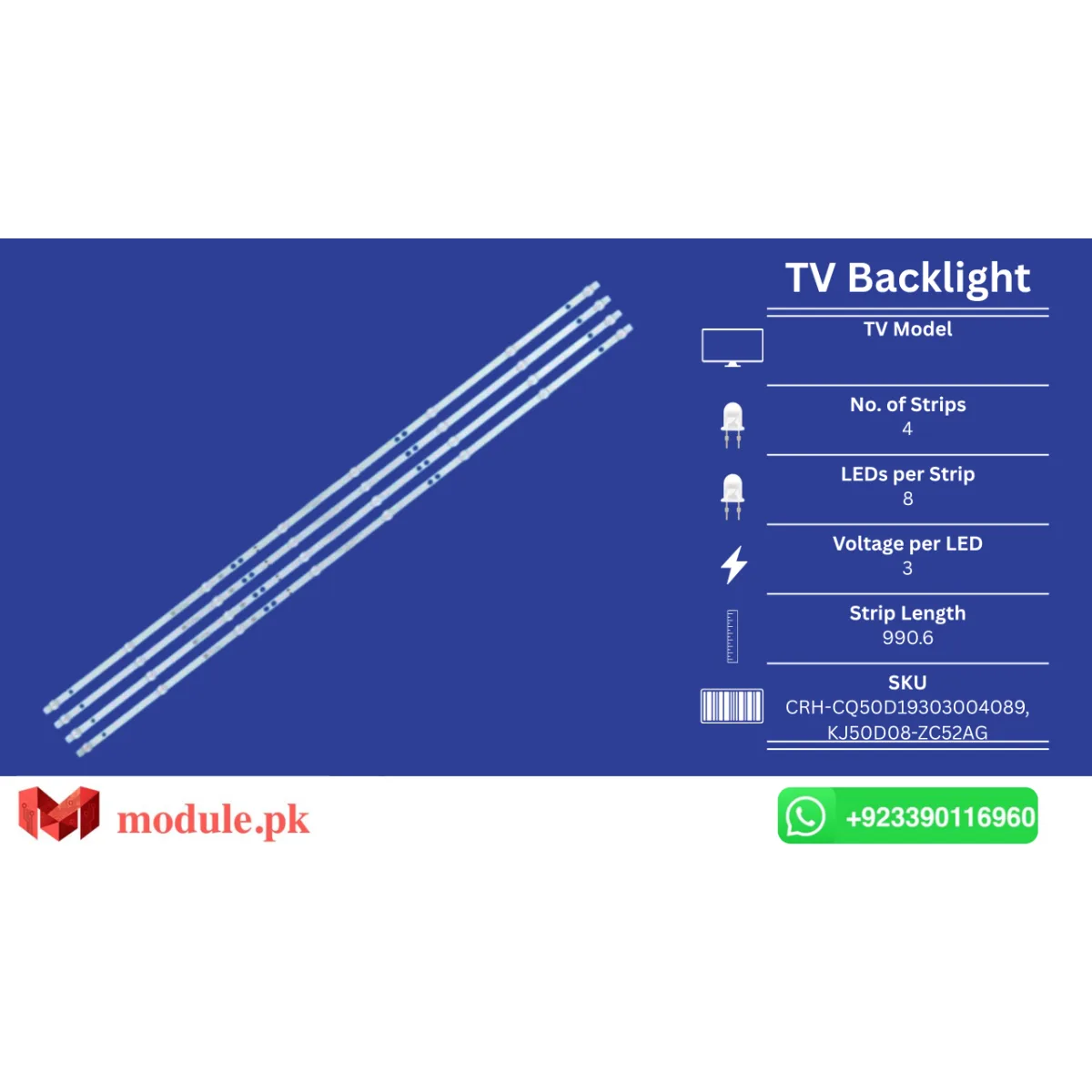 LED Backlight Strip China 50" - 3V - 990mm - CRH-CQ50D19303004089, KJ50D08-ZC52AG-01