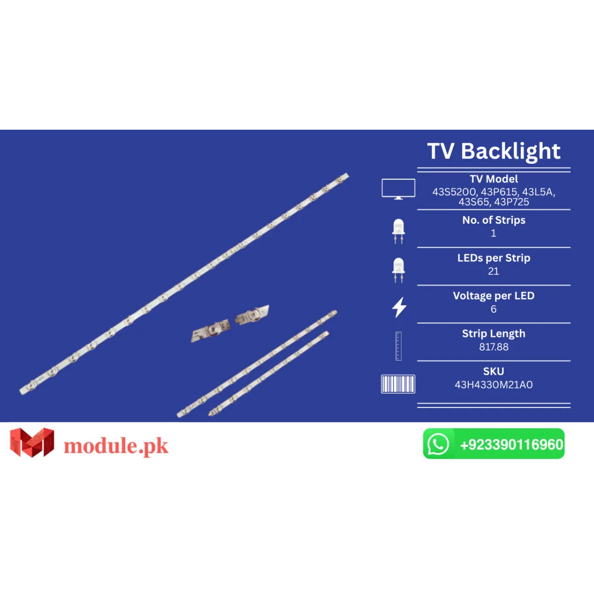 LED Backlight Strip TCL 43" - 6V - 818mm - 43S5200, 43P615, 43L5A, 43S65, 43P725, 43s615, 43F8, 43DP628X1, 43P610K, 43P820N, 43RP620K