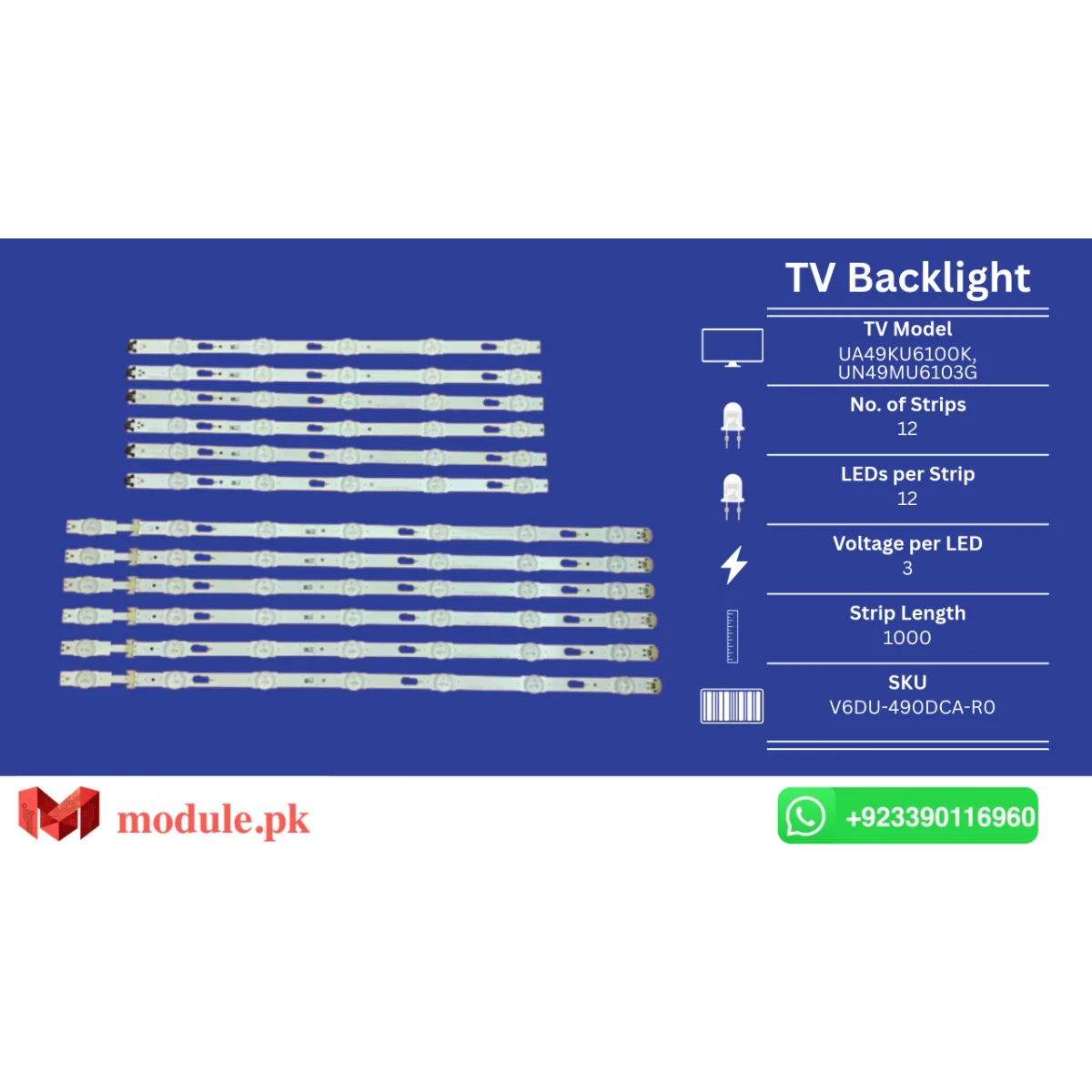 LED Backlight Strip Samsung 49" - 3V - 1000mm - UA49KU6100K, UN49MU6103G, UN49MU6300F, UA49ku6300, UN49MU6100G, UE49MU6279U, UE49KU6300U, UN49MU6103P, UN49MU6120G, UN49MU6290F