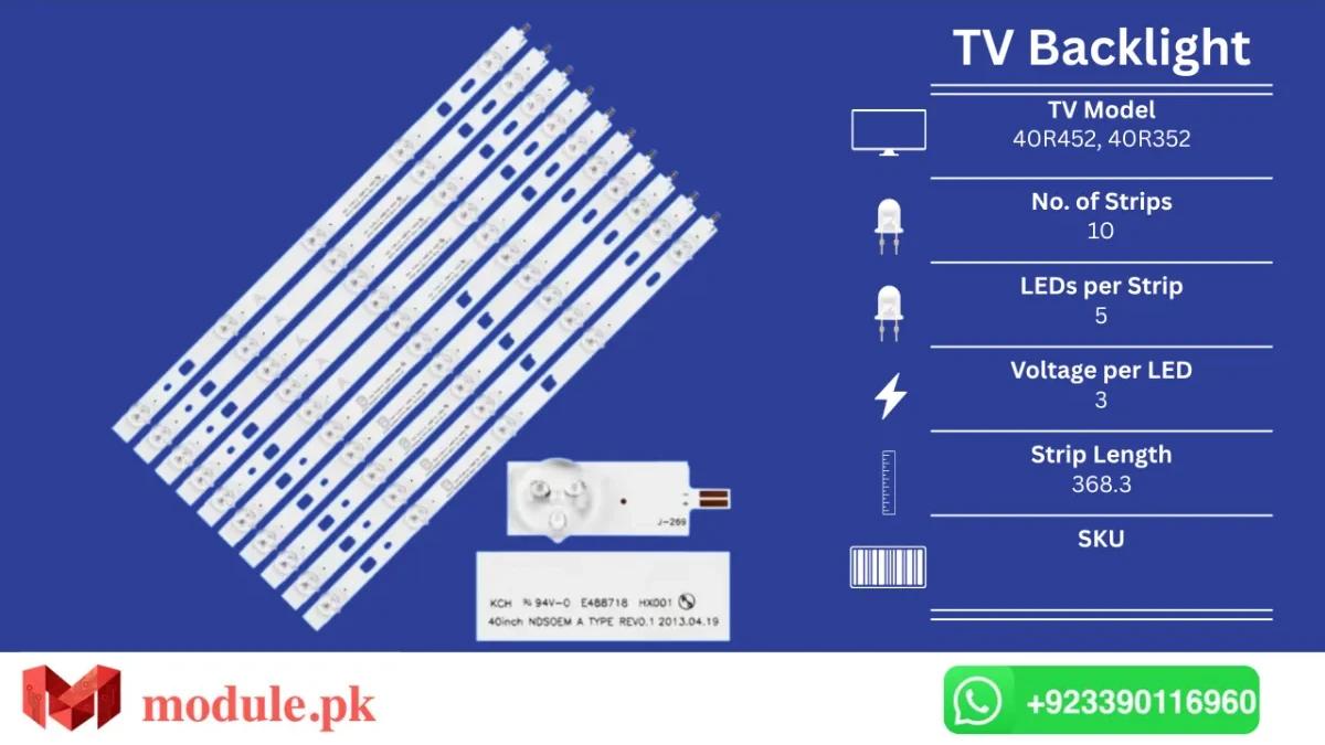 LED Backlight Strip Sony 40" - 3V - 368mm - KDL-40R353B, KDL-40R352C, KDL-40R353C, KDL-40R455B, KDL-40R485A, KDL-40W605B, KDL-40RE353, KDL-40RD353, KDL-40R452