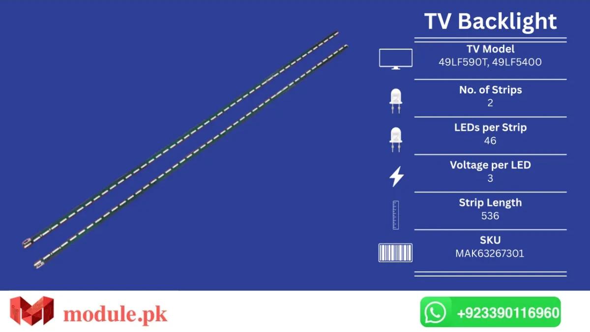 LED Backlight Edge-lit LG 49" - 3V - 536mm - 49LF590T, 49LF5400, 49LF5410, 49LF5900, 49LF6900, 49UF6907, 49LF590V, 49LF540V, 49LF5909