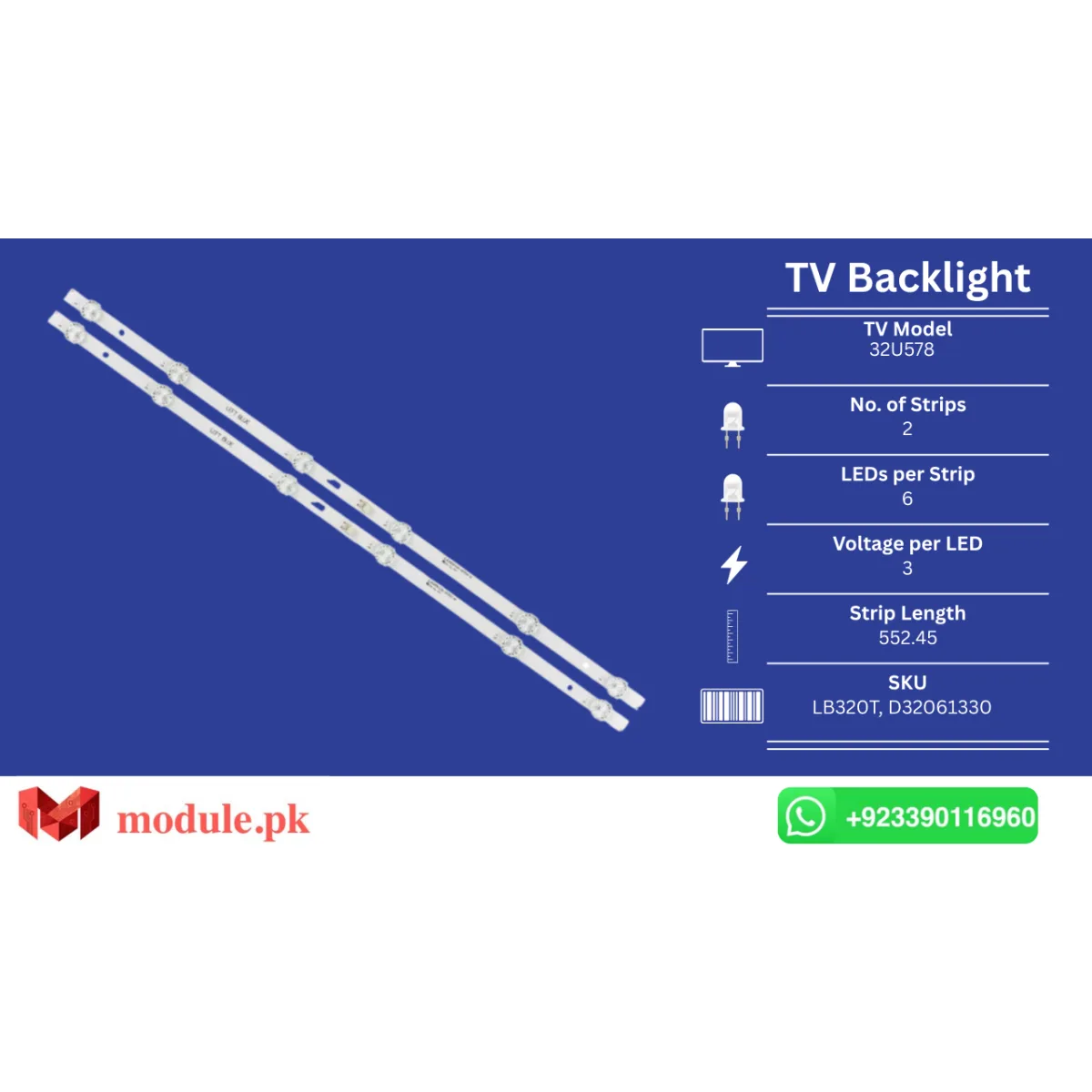 LED Backlight Strip Ecostar 32" - 3V - 552mm - CX-32U578, JL.D32061330-004AS, 32HR332M06A0, 32D1500