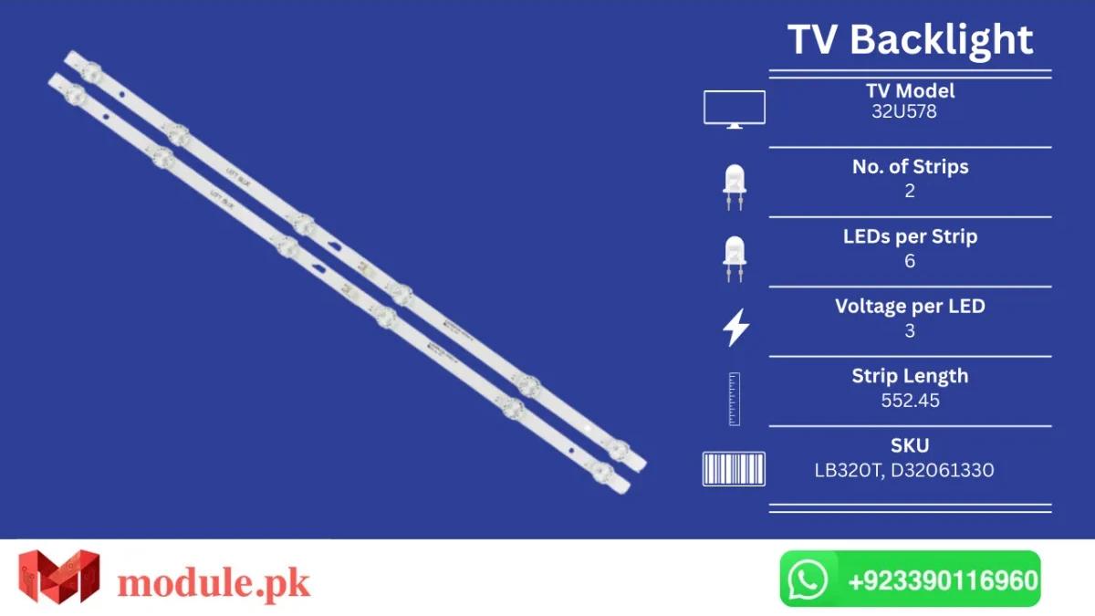 LED Backlight Strip Ecostar 32" - 3V - 552mm - CX-32U578, JL.D32061330-004AS, 32HR332M06A0, 32D1500