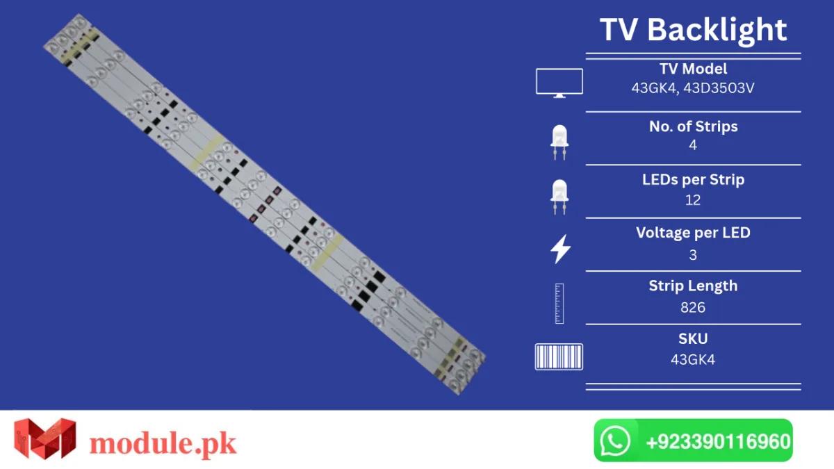 LED Backlight Strip China 43" - 3V - 826mm - 43GK4, 43D3503V