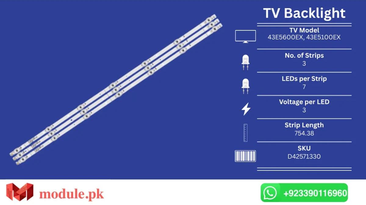 LED Backlight Strip Hisense 43" - 3V - 754mm - 43E5600EX, 43E5100EX, 43A36F, 43L1F