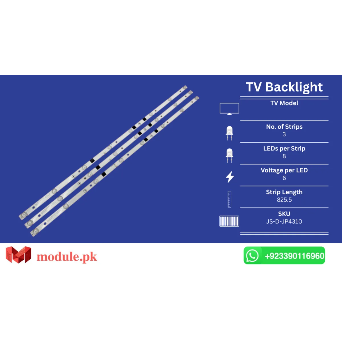 LED Backlight Strip China 43" - 6V - 826mm - JS-D-JP4310, AKAI UA43EK1100US