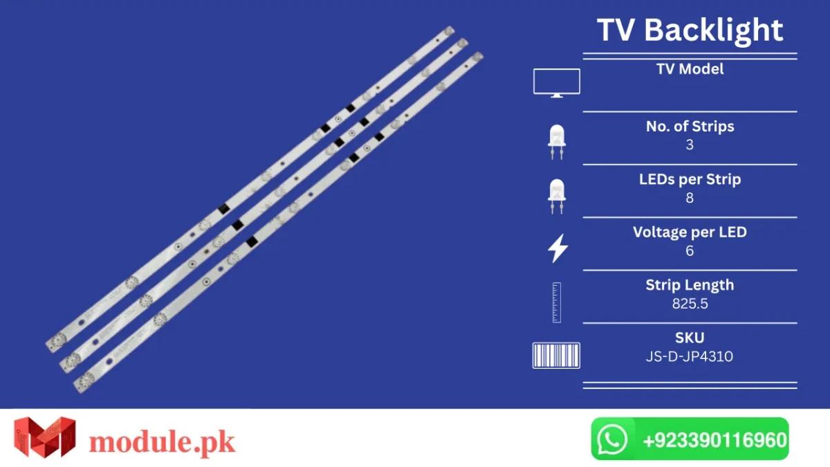 LED Backlight Strip China 43" - 6V - 826mm - JS-D-JP4310, AKAI UA43EK1100US, 43 inch China Curve