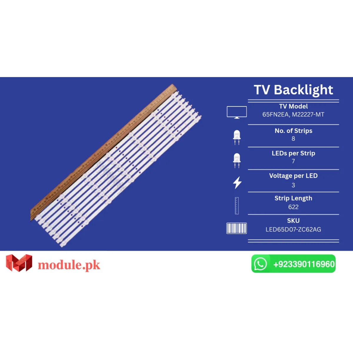 LED Backlight Strip China/Mystery 65" - 3V - 622mm - LED65D07-ZC62AG, 65FN2EA, M22227-MT, M22083-MT, LS65Z51Z, 65R3