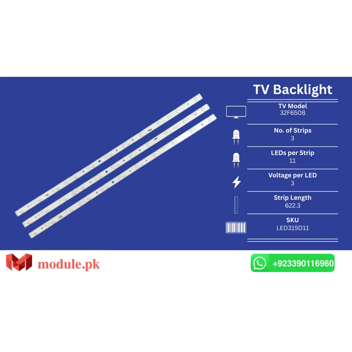 LED Backlight Strip Orient 32" - 3V - 622mm - 32F6508, Mystery MTV-3222LW, LE32C800C, LE32B50, H32E16, LM315TA-T01, T320XVN02.0