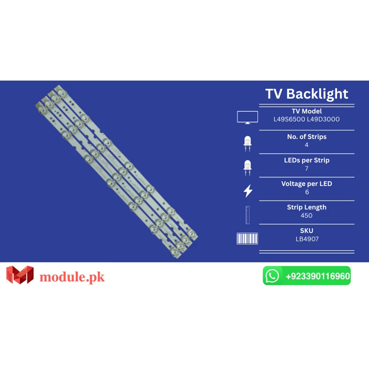 LED Backlight Strip TCL 49" - 6V - 450mm - 49S6500, 49D3000, 49s325, 49A260, 49A261, 49F6F, 49D6, 49V2, 49DP602, 49DP602X1, 49DP603, 49DP603X1, 49DP600, 49DP600X1