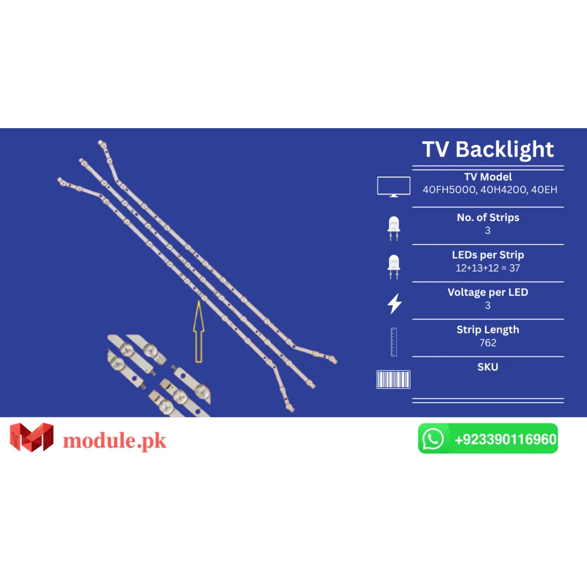 LED Backlight Strip Samsung 40" - 3V - 762mm - UN40FH5000, UA40H4200, UA40H4203, UA40H4240, UA40H4250, UE40H4200, UE40H4203, UE40H4205, UN40FH5005F, UN40FH5005G, UN40FH5005H, UN40FH5005K, UN40FH5205G