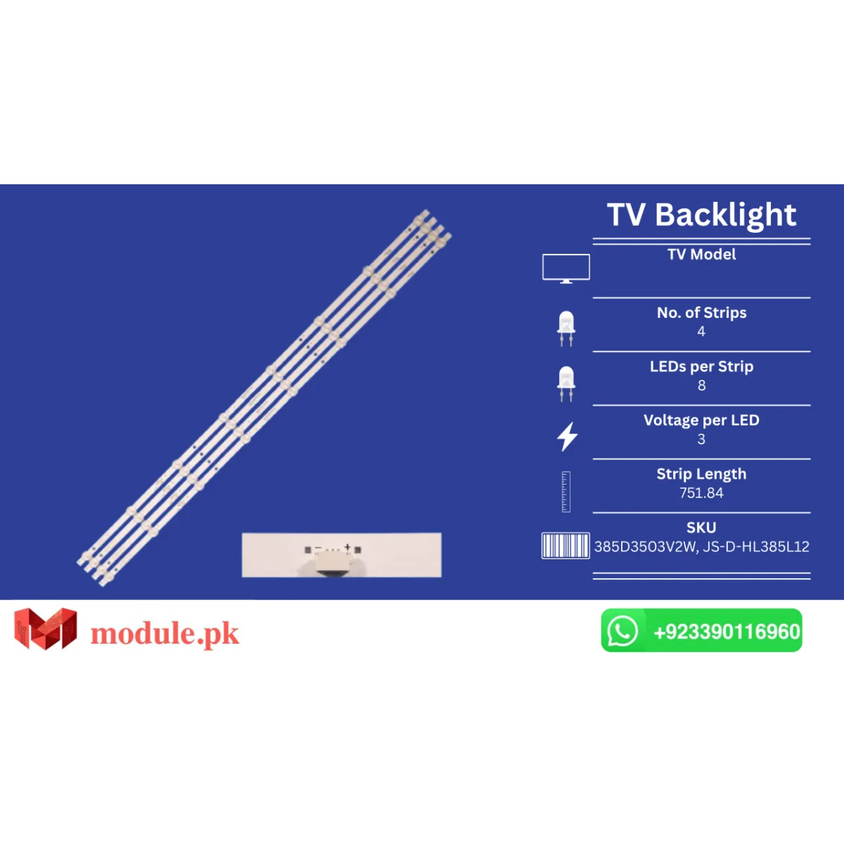 LED Backlight Strip China 40" - 3V - 753mm - 385D3503V2W, JS-D-HL385L12
