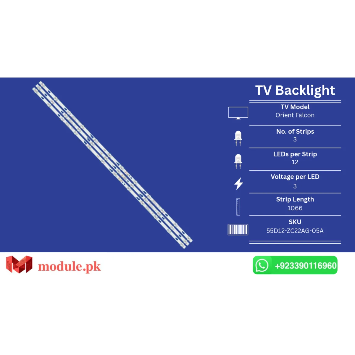 LED Backlight Strip Orient 55" - 3V - 1066mm - Orient Falcon 55 INCH FHD Black, 303TC550040A, HKP55SM4, T55FSL5130, T55FSE1170, Mg4s55x, SSM551291, 55E31