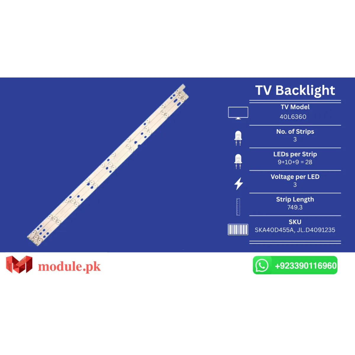 LED Backlight Strip Haier 40" - 3V - 748+766mm - 40L6360, 40LES73, 40LES69, Ph40e36dsgw, SKA40D455A, SKA40D455