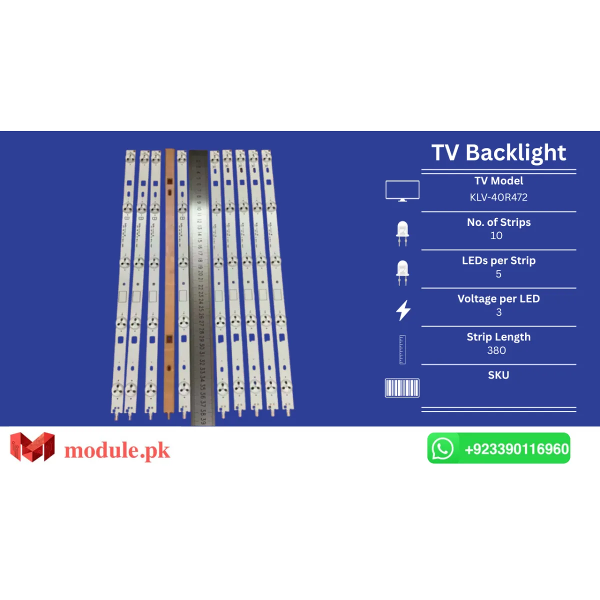 LED Backlight Strip Sony 40" - 3V - 380mm - KLV-40R472, KDL-40W600B, KDL-40W607B, KDL-40R450B, KDL-40R483B, KDL-40R485B, KDL-40R453B, KDL-40W605B, KDL-40R485A