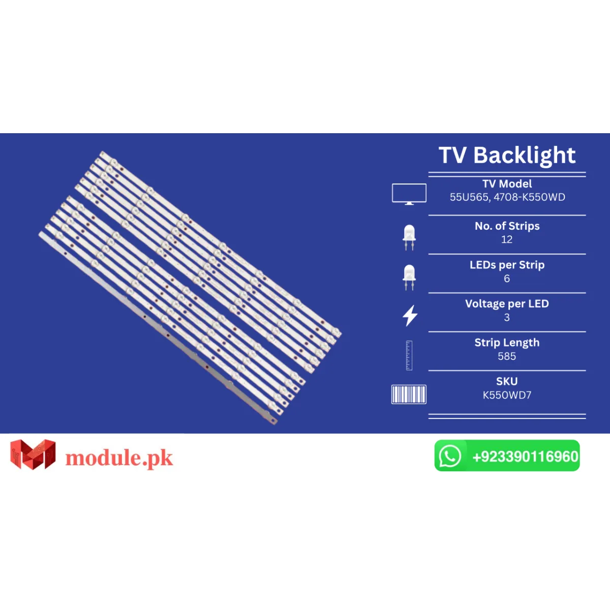 LED Backlight Strip Ecostar 55" - 3V - 585mm - 55U565, 4708-K550WD
