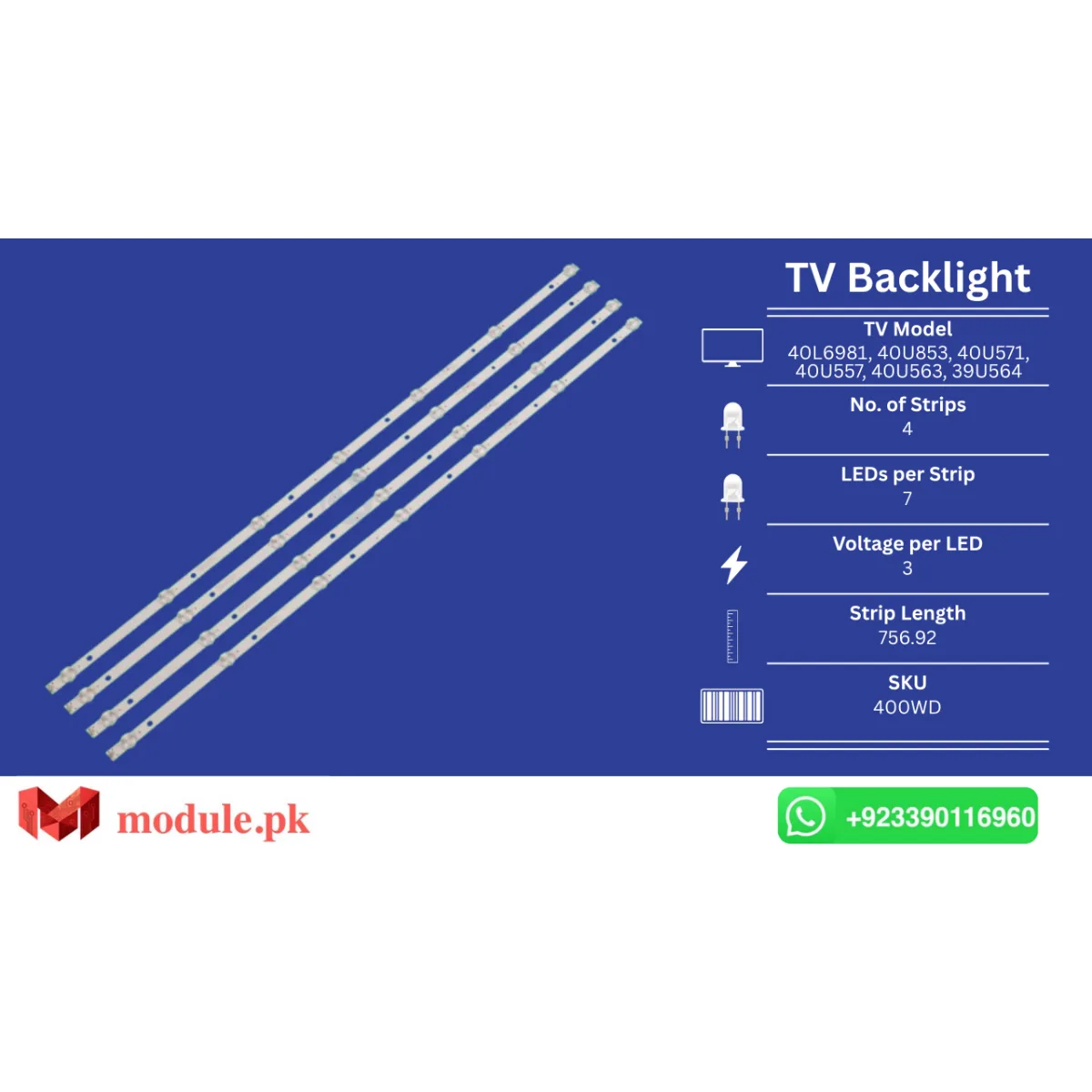 LED Backlight Strip Ecostar 40" - 3V - 757mm - 40L6981, 40U853, 40U571, 40U557, 40U563, 39U564