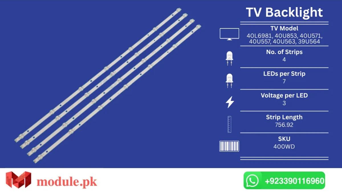 LED Backlight Strip Ecostar 40" - 3V - 757mm - 40L6981, 40U853, 40U571, 40U557, 40U563, 39U564