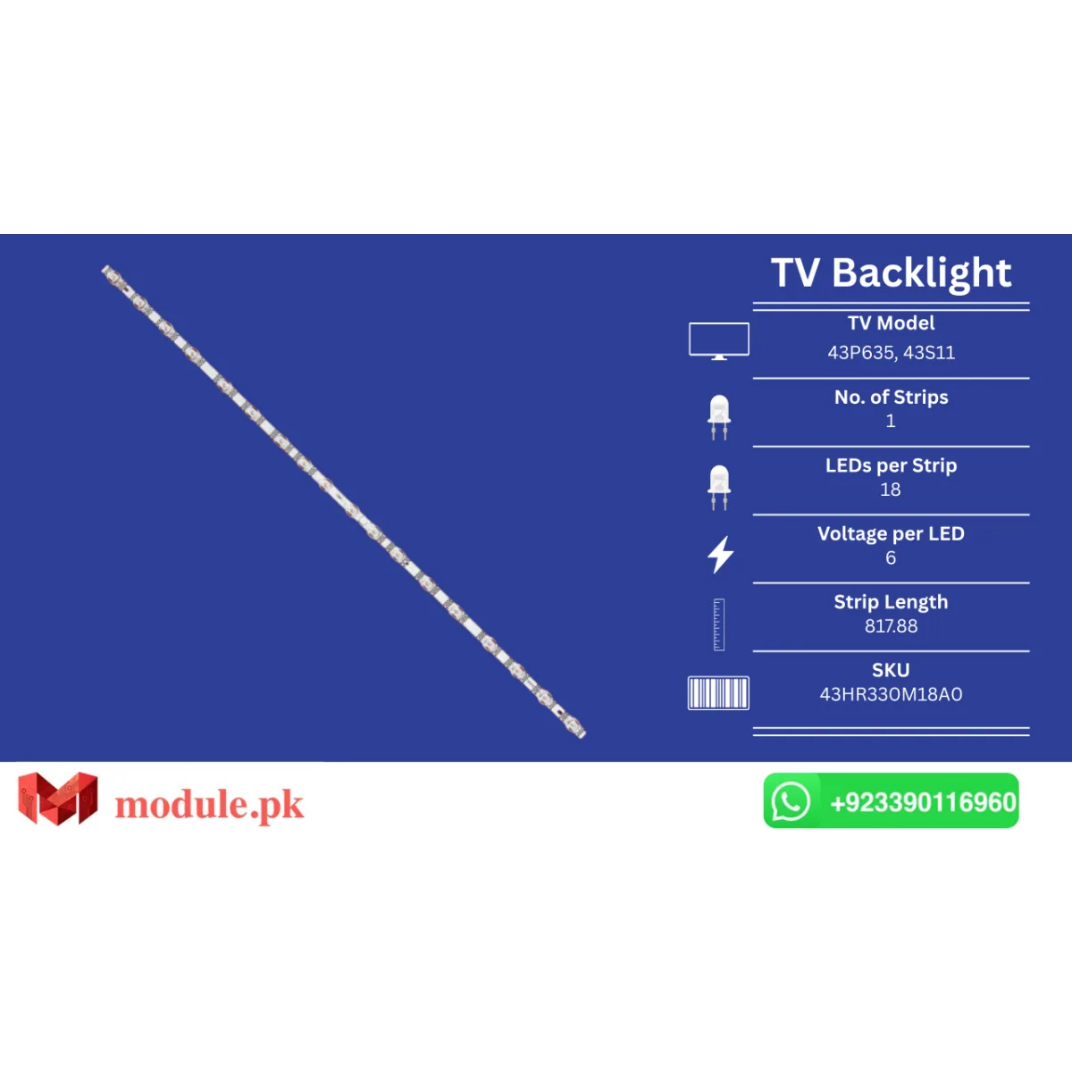 LED Backlight Strip TCL 43" - 6V - 818mm - 43P635, 43S11, 43S451, 43P639, 43S455, 43S453, 43S11-ZX3030A1
