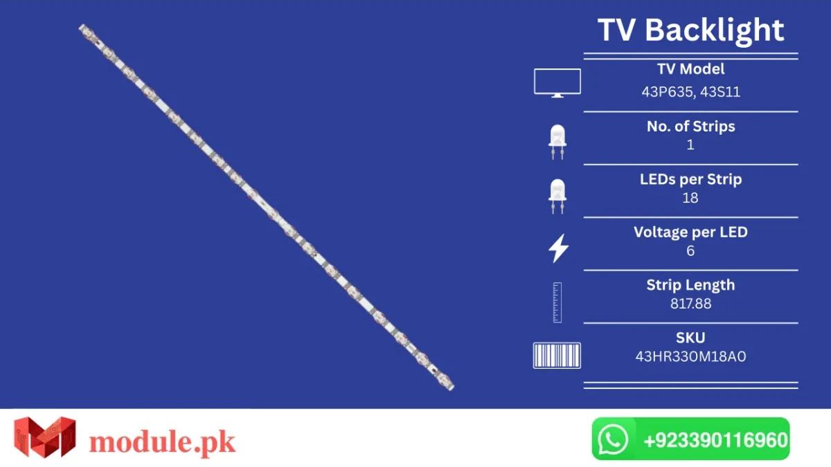 LED Backlight Strip TCL 43" - 6V - 818mm - 43P635, 43S11, 43S451, 43P639, 43S455, 43S453, 43S11-ZX3030A1