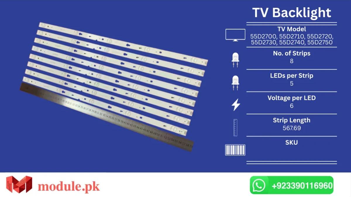 LED Backlight Strip TCL 55" - 6V - 568mm - 55D2700, 55D2710, 55D2720, 55D2730, 55D2740, 55D2750, 55FS3750, L55F3303B, D55A710, LD55A810L, L55S4700FS, L55F3800A, TOT_32F3800A