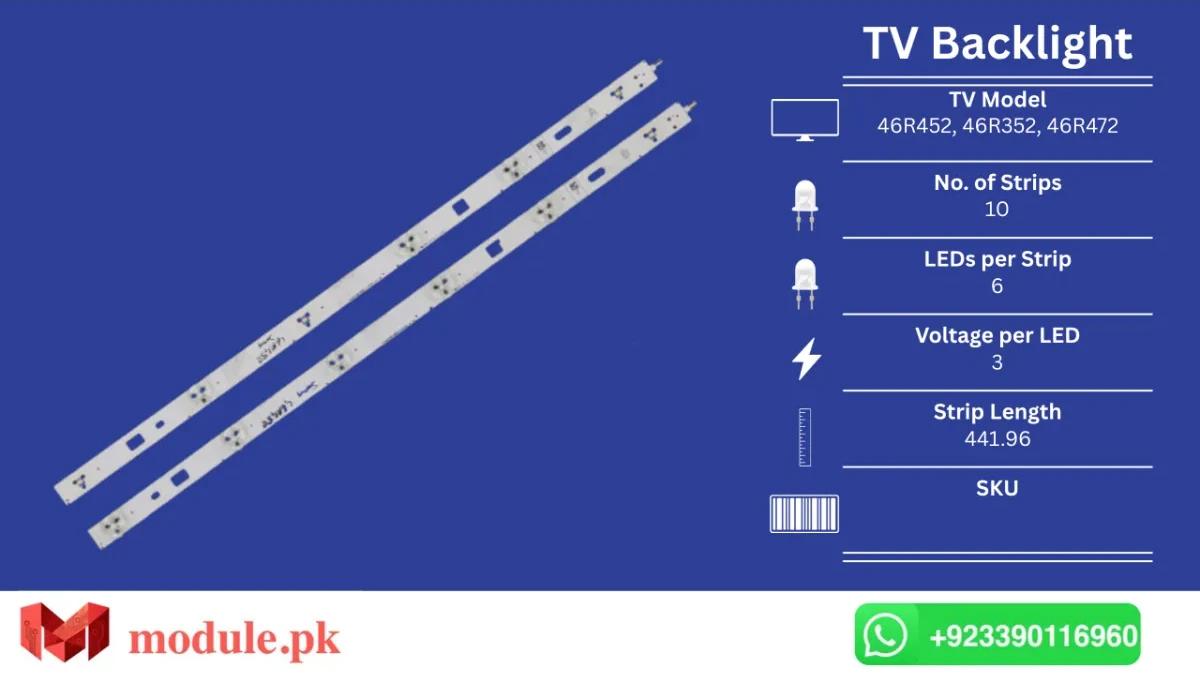 LED Backlight Strip Sony 46" - 3V - 442mm - KDL-46R452, KDL-46R352, KDL-46R472, KDL-46R450A, KDL-46R476A, KDL-46R470A, KDL-46R473A, KDL-46R450, KDL-46R470, KLV-46R479A, KLV-46R476A