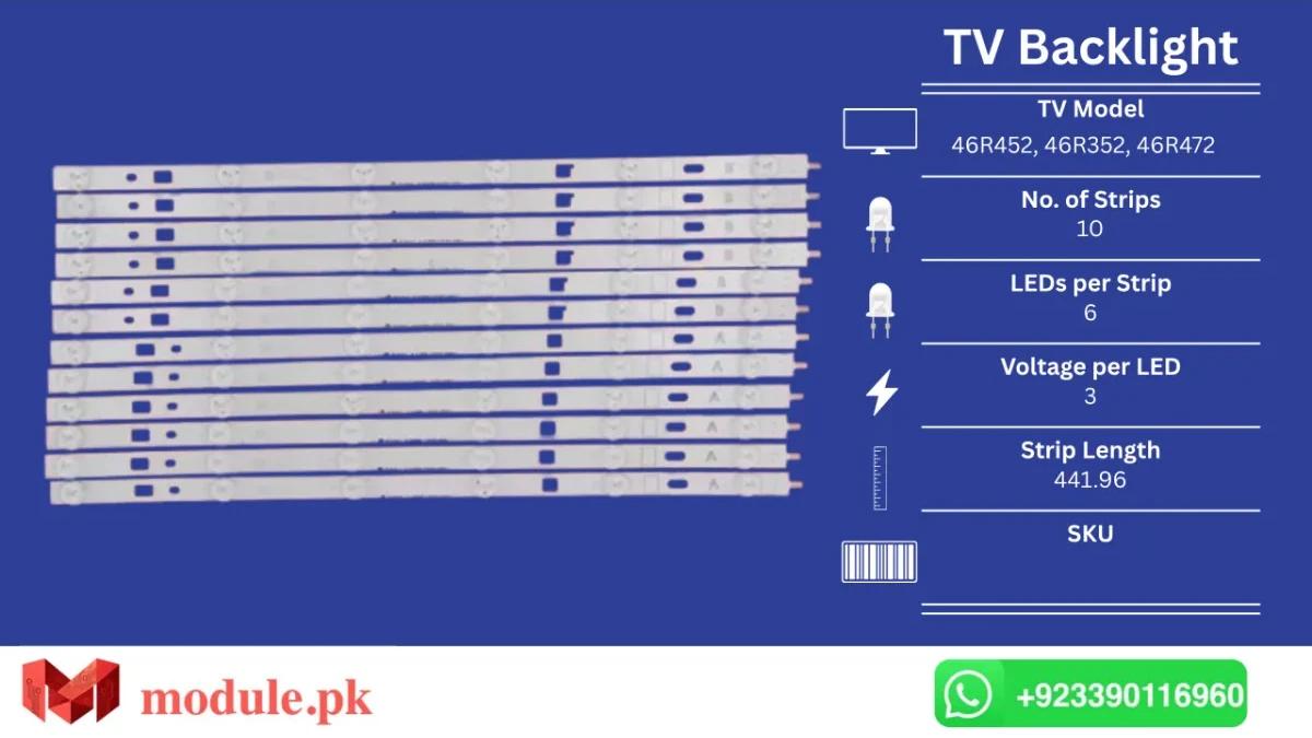 LED Backlight Strip Sony 46" - 3V - 442mm - KDL-46R452, KDL-46R352, KDL-46R472, KDL-46R450A, KDL-46R476A, KDL-46R470A, KDL-46R473A, KDL-46R450, KDL-46R470, KLV-46R479A, KLV-46R476A