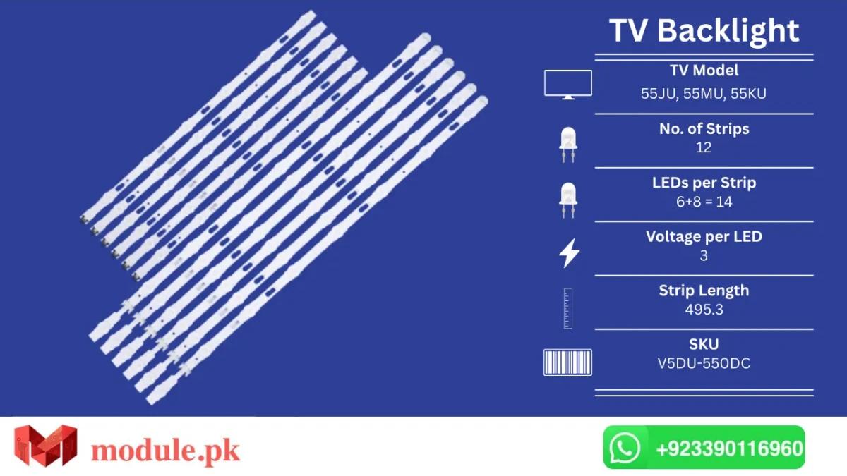LED Backlight Strip Samsung 55" - 3V - 640+495mm - UA55KU6000K, UA55JU6000K, UA55JU6500K, UA55JU6600K, UA55MU6100K, UA55MU6300K