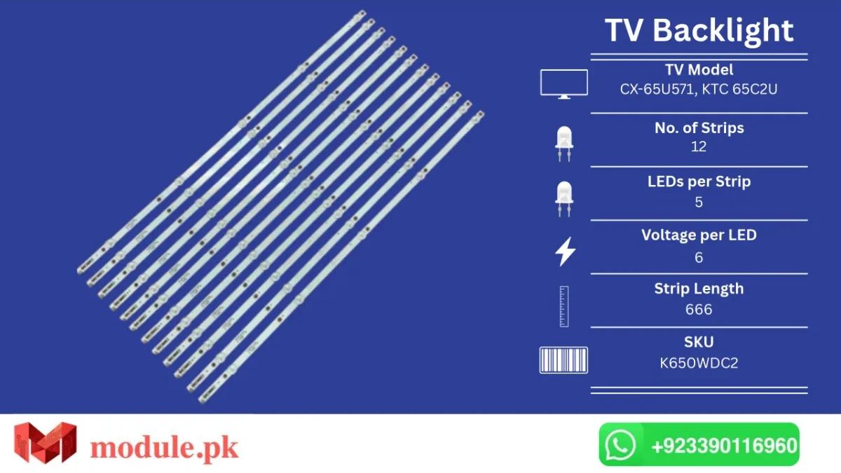 LED Backlight Strip Ecostar 65" - 6V - 666mm - CX-65U571, KTC 65C2U, 65HFF5358/T3, 65PUF6263, 65PUF6023