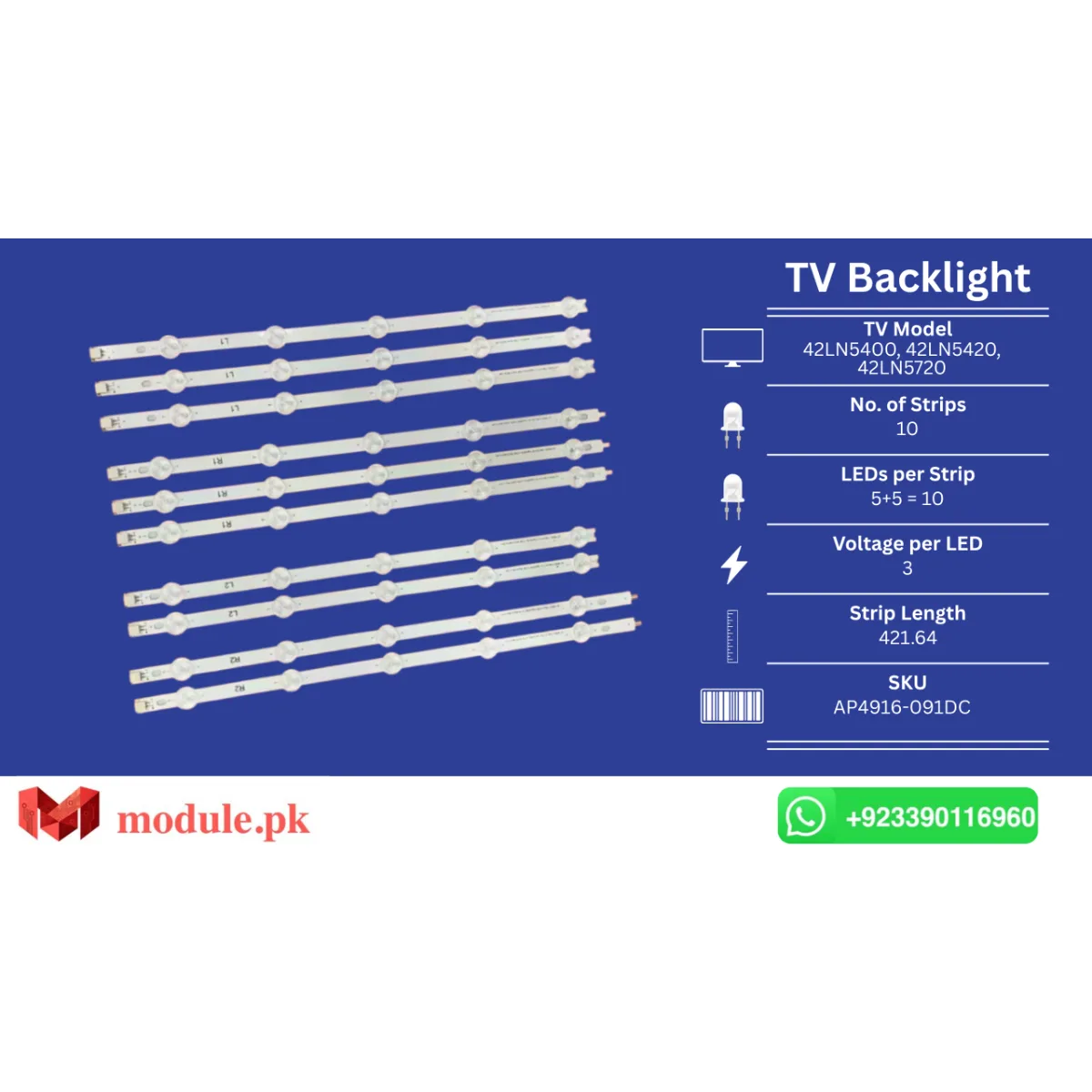 LED Backlight Strip LG 42" - 3V - 422mm - 42LN5400, 42LN5420, 42LN5720, 42LN542V, 42LN5403, 42LN541V, 42LN613V, 42LN5405, 42LA613V, 42LA6154